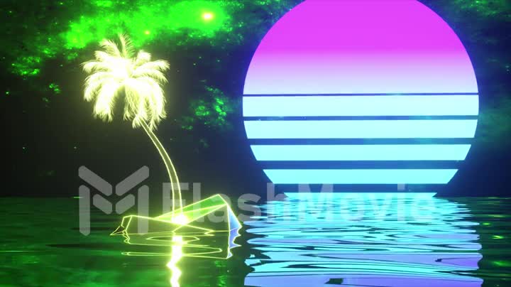 Retro futuristic background. Neon palm tree and sunset in the ocean. Blue green color. 3d animation of seamless loop