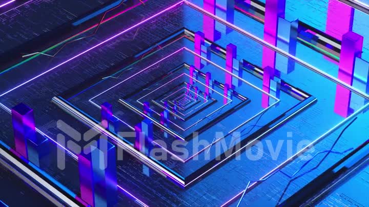 Abstraction concept. Square chip. Platform. Rectangles. Blue pink color. 3d animation of seamless loop