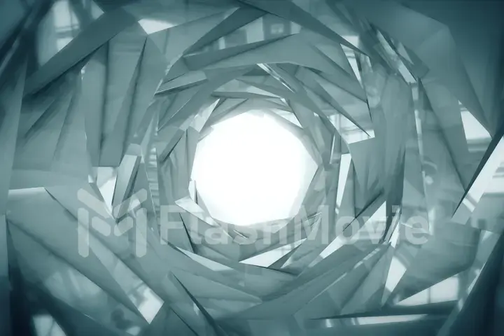 Abstract technology tunnel. Silver metal concstruciton sharp corners with reflections the camera rotates and moves forward towards the White light. Dynamic background for project 3d illustration