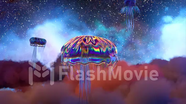 Abstract space concept. Diamond jellyfish swim out of the clouds on a blue pink space background. Starry sky. Fog