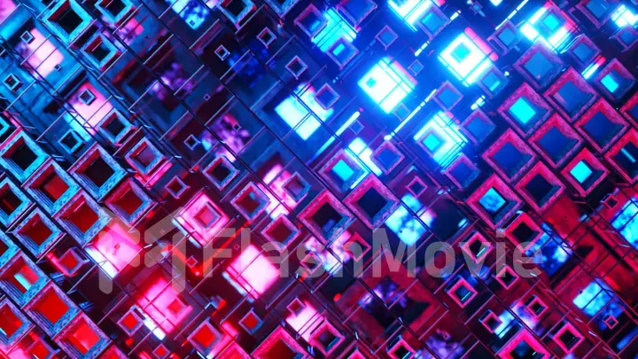3d illustration of colorful glass rows of cubes floating through the prog, creating an abstract graphic background technology texture. Blue red color