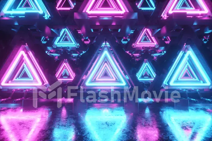 Abstract flying in futuristic metal corridor with triangles, seamless loop 4k background, fluorescent ultraviolet light, laser neon lines, geometric endless tunnel, blue pink spectrum, 3d illustration