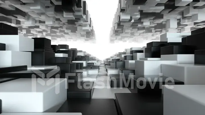 Abstract geometric tunnel made of black and white cubes with random movement. 3d illustration