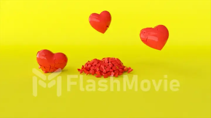 Several red hearts are shattered on the yellow surface. Broken heart concept. 3d illustration