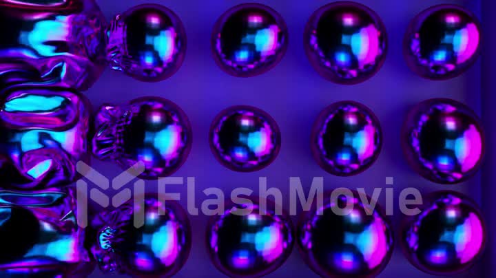 The wave turns small balls into large ones. Blue metallic neon balloons inflate. Smooth ball surface. 3d animation