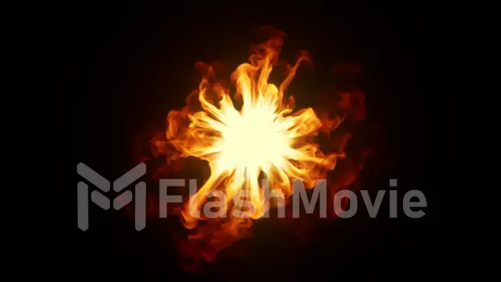 A round clot of fiery energy emitting flames in slow motion. on an isolated black background. 3d illustration