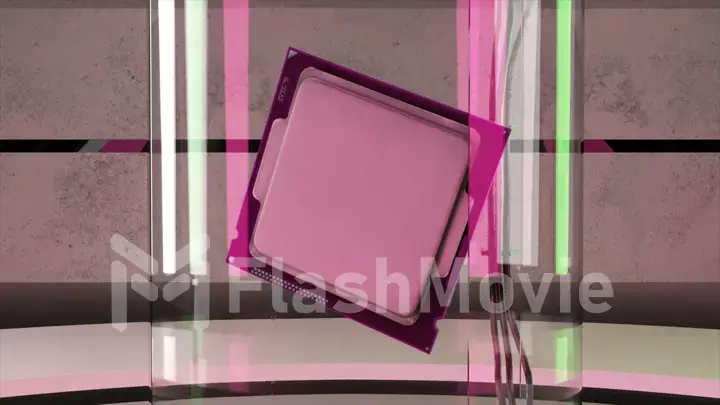 Back of the chip. Pink neon light. Abstract background. Computer. Artificial intelligence. 3d illustration