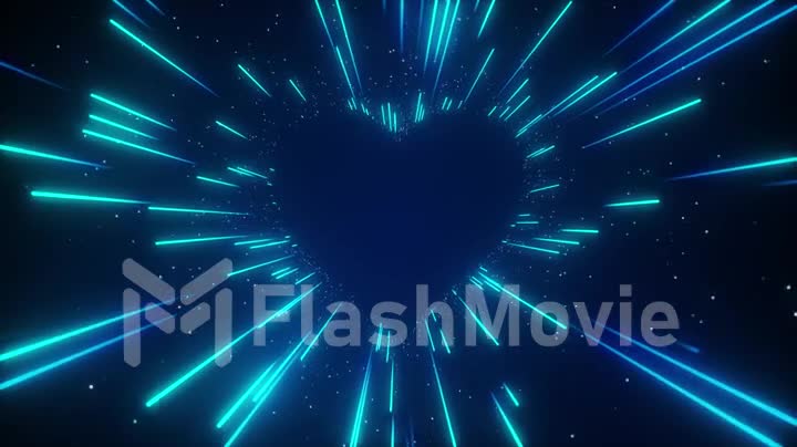 Flying in a blue futuristic neon heart-shaped tunnel. Abstract corridor with fast moving light lines. Seamless looped 3D animation.