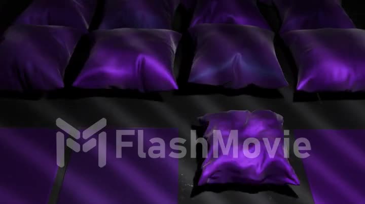 Close-up. Purple satin pillows inflate. Shadow on the surface. Pillows float above the floor. 3d animation