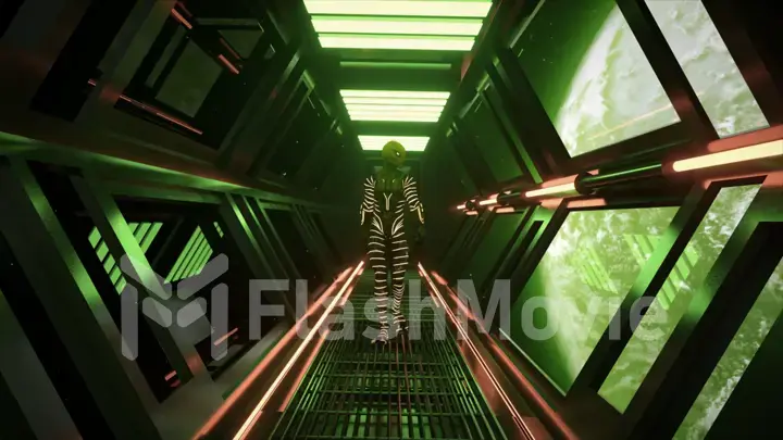 The alien slowly walks along the corridor of the spaceship. Suit with neon stripes. View of the planet Earth. Neon