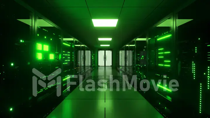 Digital data transmission to data servers behind glass panels in a data center server room. High speed digital lines. 3d illustration