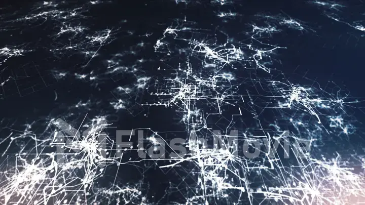 Lines drawn by bright spots eventually create an abstract image of a circuit board on a blue background. It may represent electronic connections, communication, futuristic technology. 3d illustration