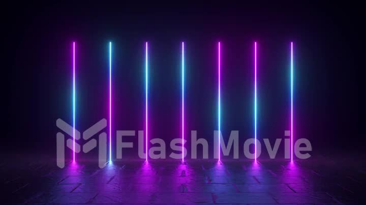 Vertical luminous lines, ultraviolet spectrum, blue-violet neon lights, laser show, nightclub, equalizer, abstract fluorescent background, optical illusion, virtual reality. Seamless loop