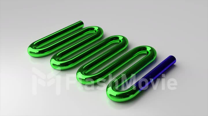 The green curved pipe is filled with blue. Indicator scale. Scientific experiment. Metal. Light background. 3d animation