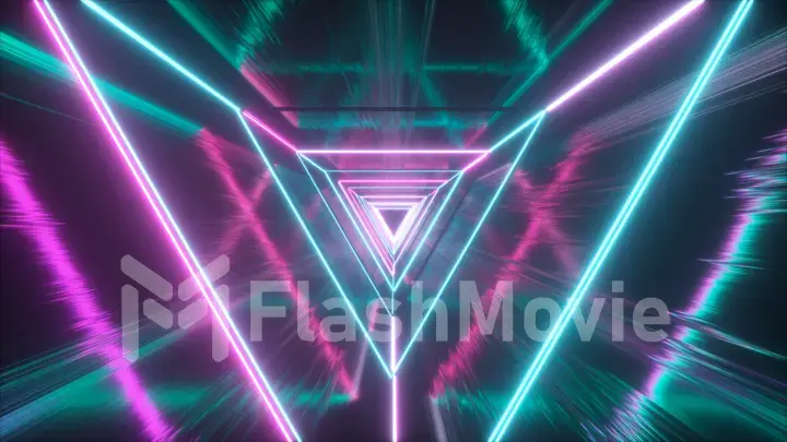 Flying through glowing neon triangles creating a tunnel with grunge reflection, fluorescent ultraviolet light, modern colorful lighting, 3d illustration