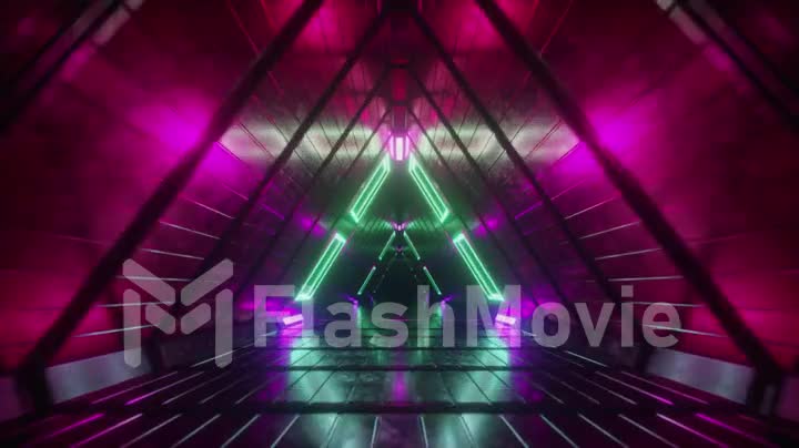 Abstract endless flight in a futuristic geometric metal corridor made of triangles. Modern red neon lighting. Seamless loop 3d render