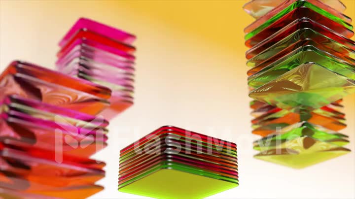 Abstract colored square flat objects are collected in stacks. Red green color. 3D animation of a seamless loop.