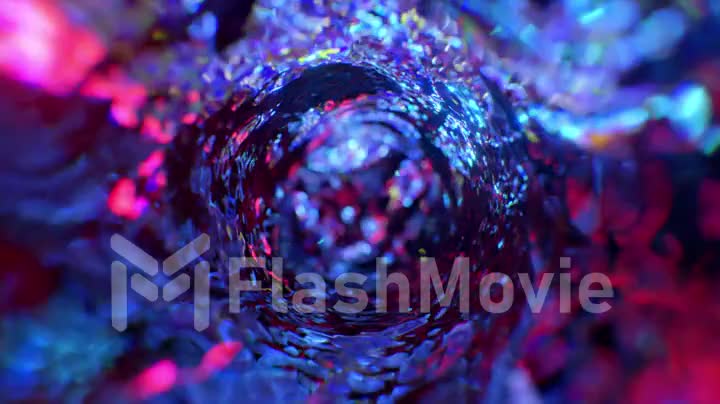 Swirling water funnel in neon lighting. Round water tunnel. Blue color. 3d animation of a seamless loop.