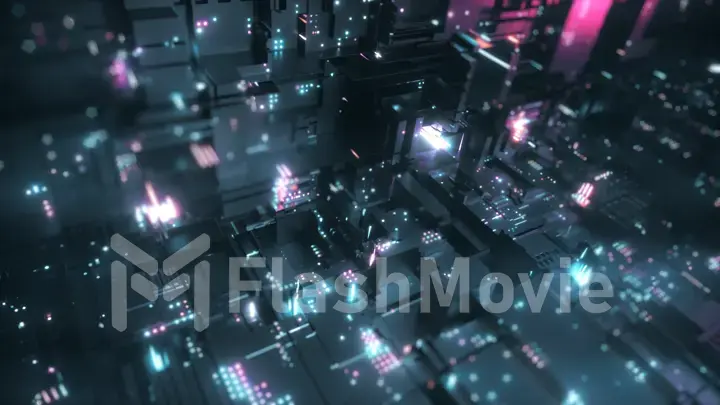 Abstract big data transfer. Binary processing is handled by the computer motherboard. Futuristic processing of server code. Blue technology background with bokeh. 3d illustration