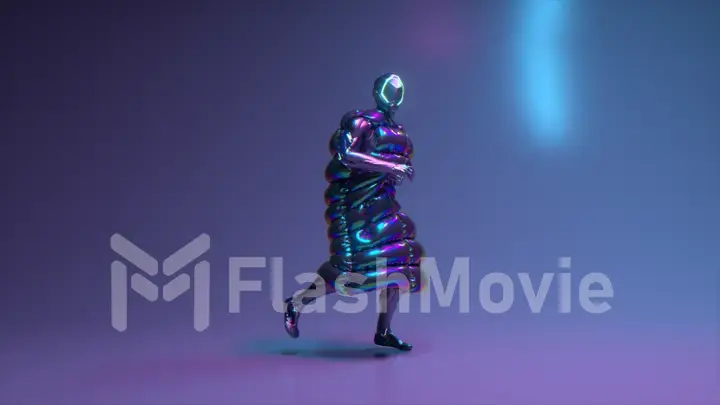 Cyberpunk guy dancing on a disco background. Flashing light. Jacket. Helmet. Blue neon color. 3d illustration
