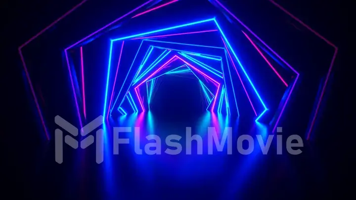 Abstract neon hexagon tunnel technological. Endless swirling animated background. Modern neon light. Bright neon lines sparkle and move forward. 3d illustration