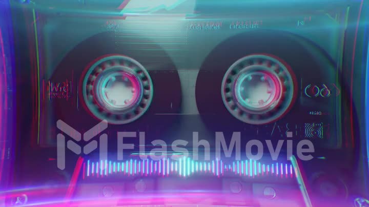 Rotating tape on an old vintage cassette. Retro music concept. Neon equalizer. Vintage neon lighting. 3d animation of seamless loop.