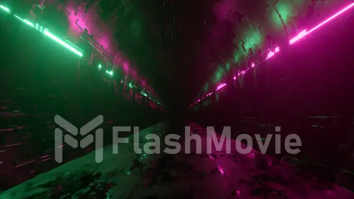 Endless flight in a futuristic metal corridor with neon lighting. Technology and future concept. Modern pink green light spectrum 3d illustration