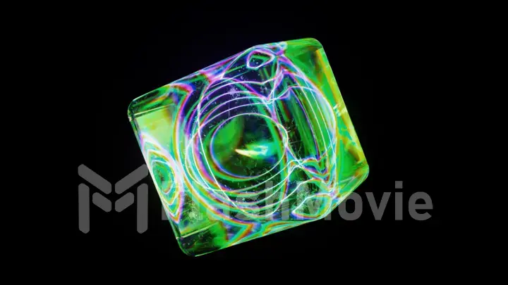 Green transparent neon cube on a black isolated background. Laser lines inside the cube create shapes. Kaleidoscope.