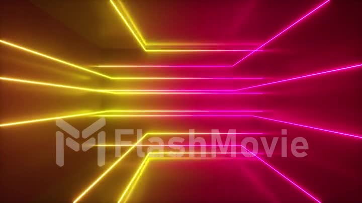 Abstract background, moving neon rays, luminous lines inside the room, fluorescent ultraviolet light, yellow red pink spectrum, loop, seamless loop 3d render