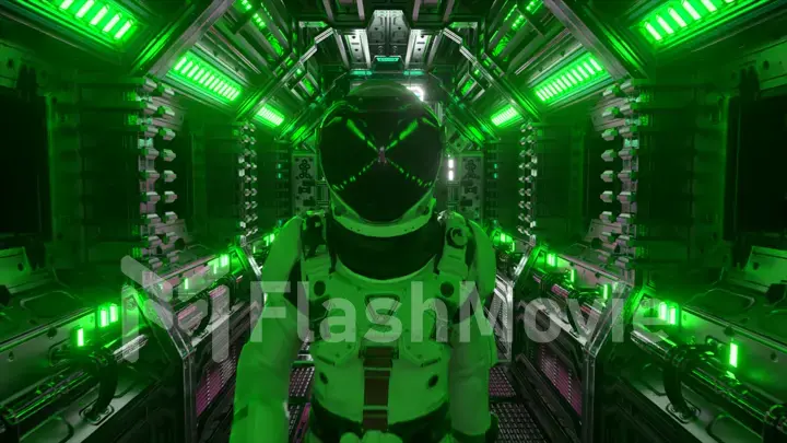 Astronaut walking in spaceship tunnel, sci-fi shuttle corridor. Futuristic abstract technology. Technology and future concept. Flashing light. 3d illustration