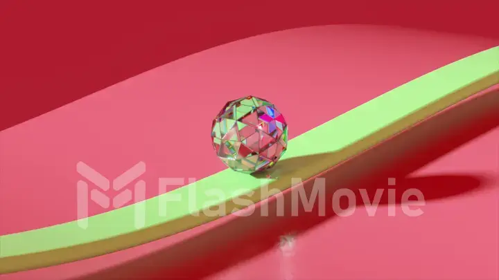 Abstract concept. A diamond ball sliding pink and green wave surface. Dispersion. 3d illustration