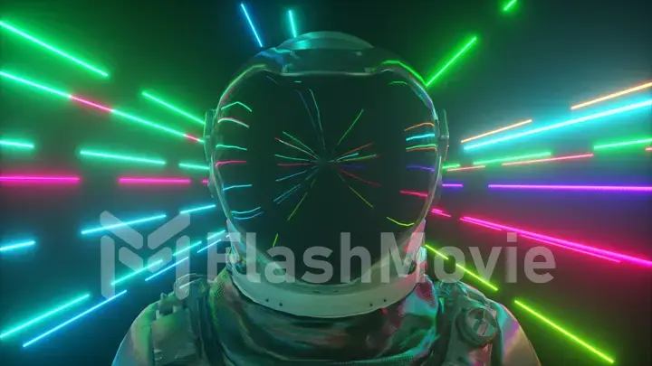 Astronaut in neon space close-up. Bright rays of neon fly by. 3d illustration