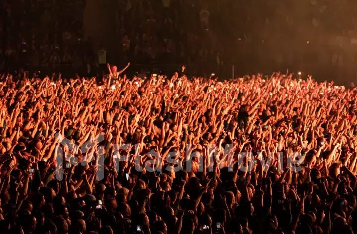Crowd at a concert with hands up. Side view