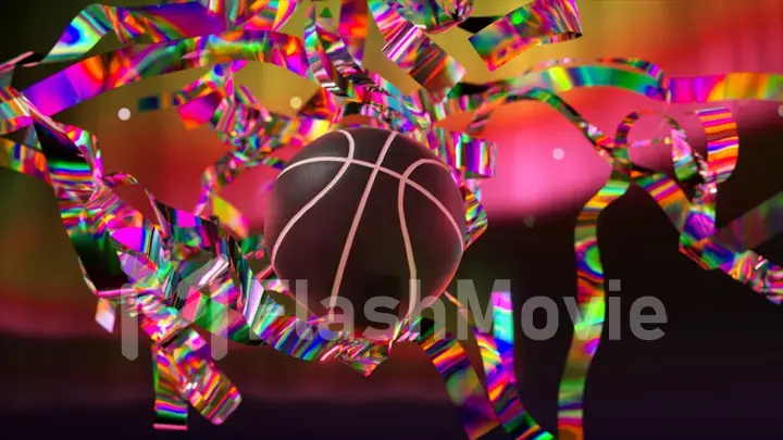 Abstract concept. A basketball flies through shiny diamond ribbons. Slow motion. 3d illustration. Neon pink background