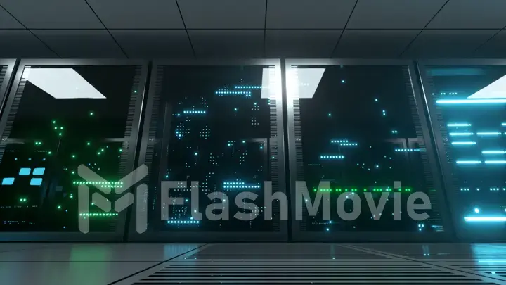Networked and data servers behind glass panels in a server room. The camera moves on a trolley in the center of the network and data processing. Powerful servers. High quality 3d illustration