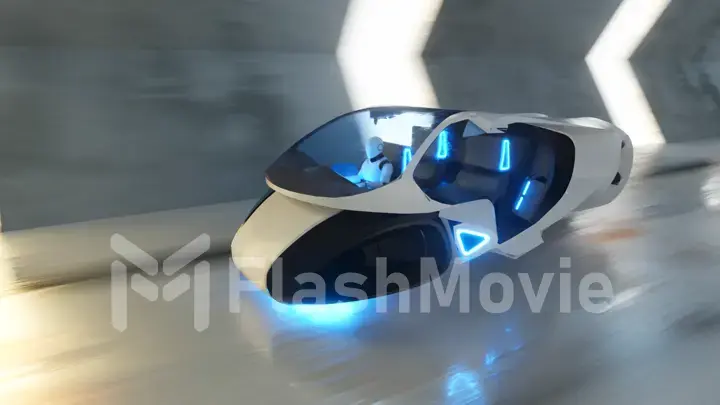Flying a robot behind the wheel of a futuristic car in a long tunnel. Artificial intelligence and future concept. 3d illustration