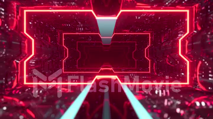 Futuristic animation of flying through a red tunnel with neon lights. 3d animation of seamless loop