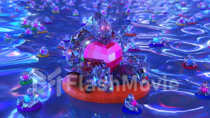 Love concept. Diamond gorilla swims on a life buoy and holds a red heart in his hands. 3d illustration