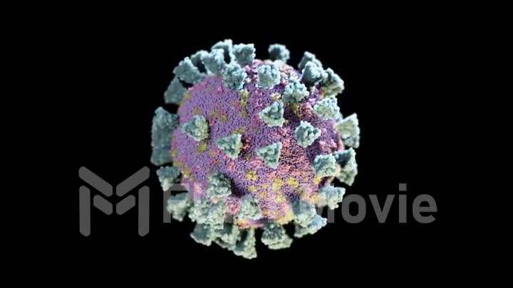 Rotation of a coronavirus cell on a black isolated background