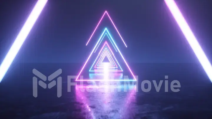 Flying through glowing neon triangles with metal floor creating a tunnel with fog, blue pink violet spectrum, fluorescent ultraviolet light, modern vj colorful lighting, 3d illustration