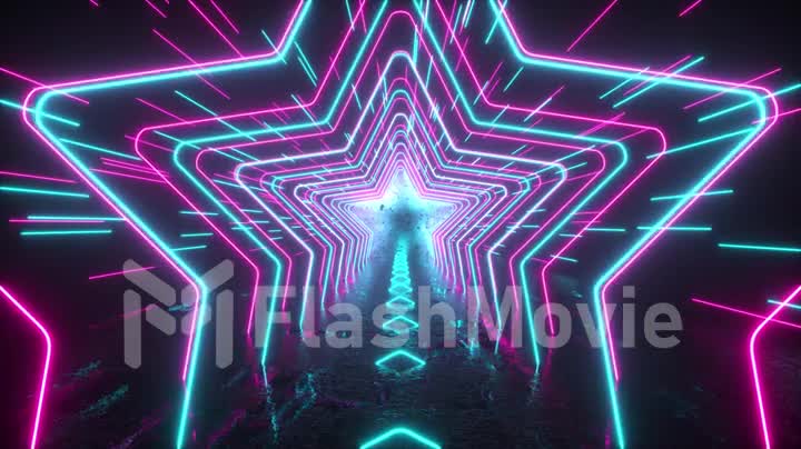 Abstract neon background. Neon stars and lines move through space. Reflection. Futuristic background. Neon traffic. Seamless Looping 3D 4K animation
