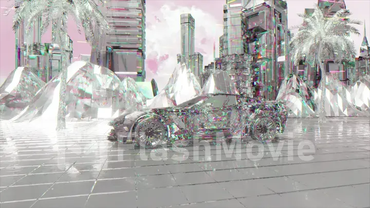 Futuristic concept. The diamond sports car drives through the diamond city. Road. Travel. 3d Illustration