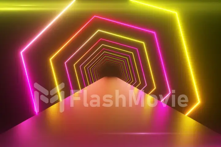 Abstract geometric background with rotating squares, fluorescent ultraviolet light, glowing neon lines, spinning tunnel, modern colorful yellow pink purple spectrum, 3d illustration