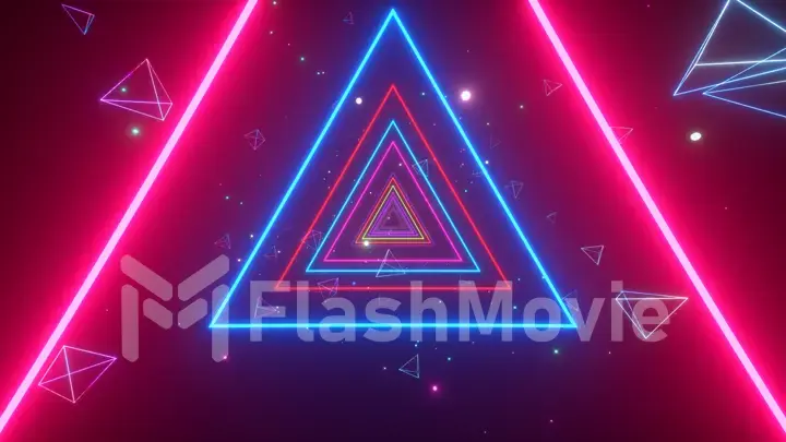 An endless tunnel of luminous multicolored neon triangles for music videos, night clubs, LED screens, projection show, video mapping, audiovisual performance, fashion events. 3d illustration