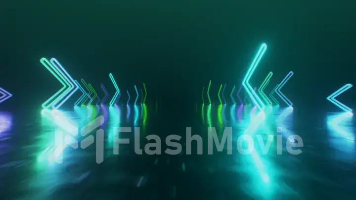 Fast flight in space with the direction of movement of the neon arrows. Abstract laser background. 3d illustration