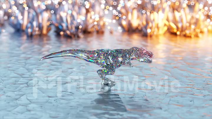 Abstract concept. Diamond dinosaur on a shiny surface on a background of precious stones. Sparks, shine. 3d animation