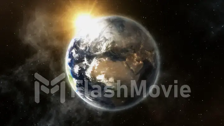 Our earth in cosmos and bright sun. 3d rendering