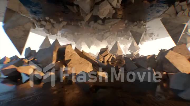 Decaying and recovering logos of the Ethereum cryptocurrency coin. Fantastic destruction concept with sun lighting. 3d animation of seamless looping