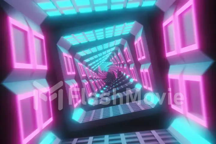 Flying through glowing spinning neon squares creating a tunnel, blue red pink violet spectrum, fluorescent ultraviolet light, modern colorful lighting, 3d illustration