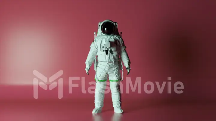 Abstract space concept. The astronaut stands on a pink isolated background with changing lighting. Chroma key. Helmet